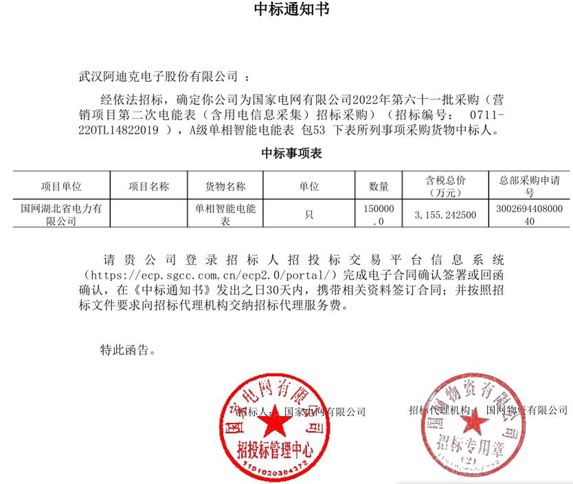 熱烈祝賀公司在國家電網(wǎng)2022年第六十一批電能表招標項目中中標